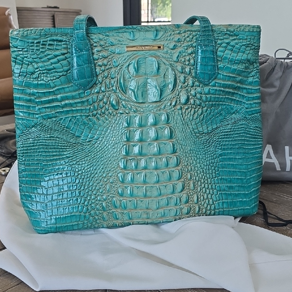 Brahmin Blue Embossed Leather Tote Bag with Glossy Finish